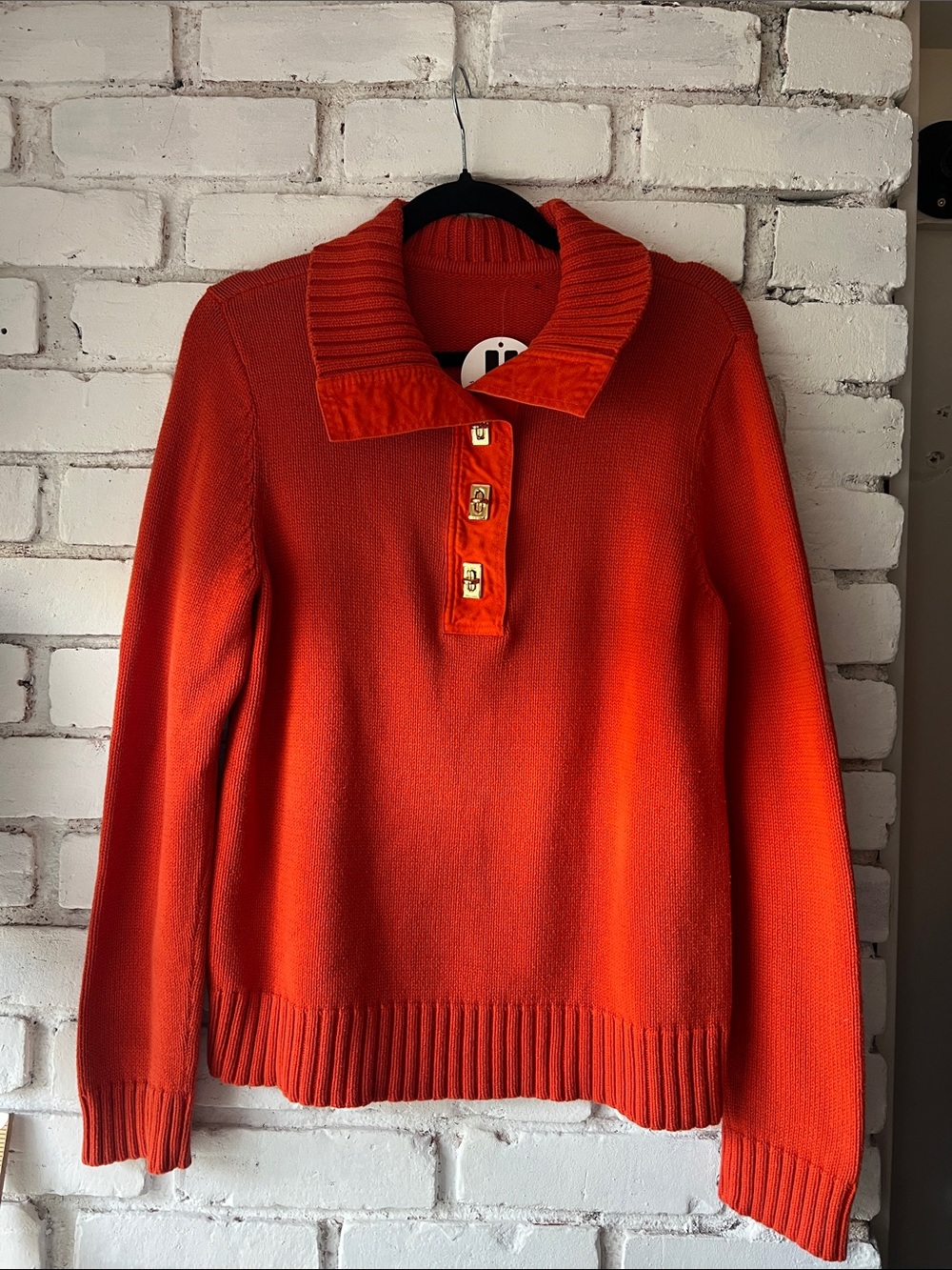 Orange Turtleneck Sweater metal button mock neck relaxed fit